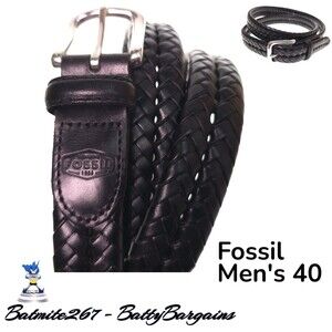 FOSSIL Black Woven Braided Fishtail Leather Belt Nickel Buckle Men's Size 40 EUC